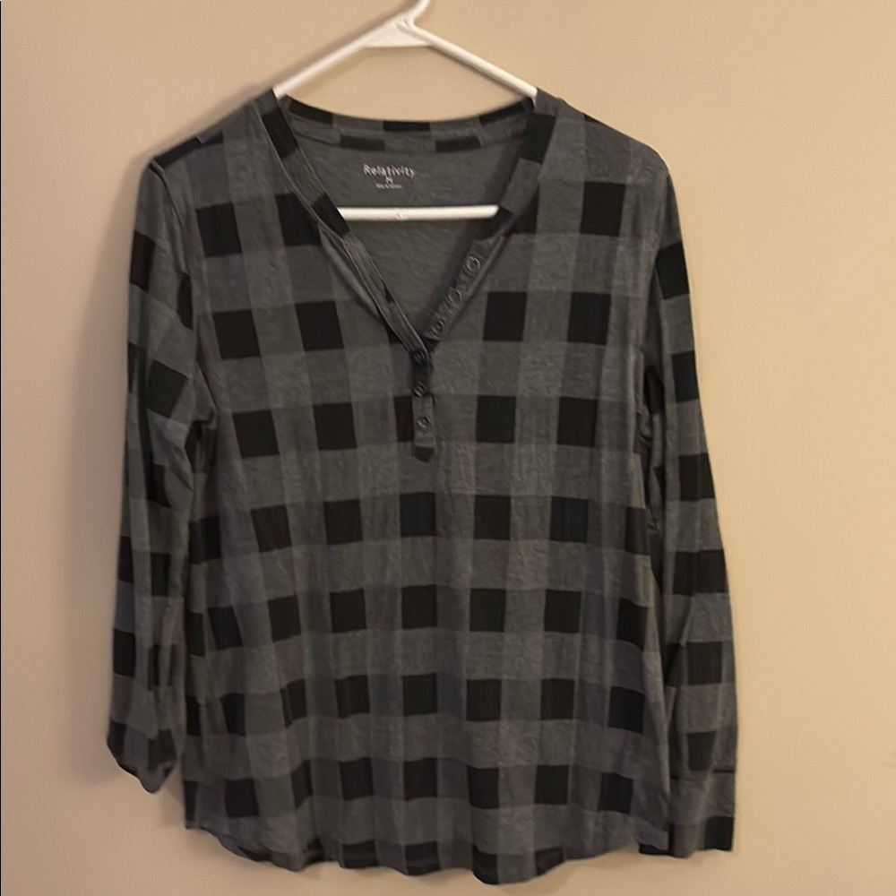 Relativity Black and Gray Plaid Top